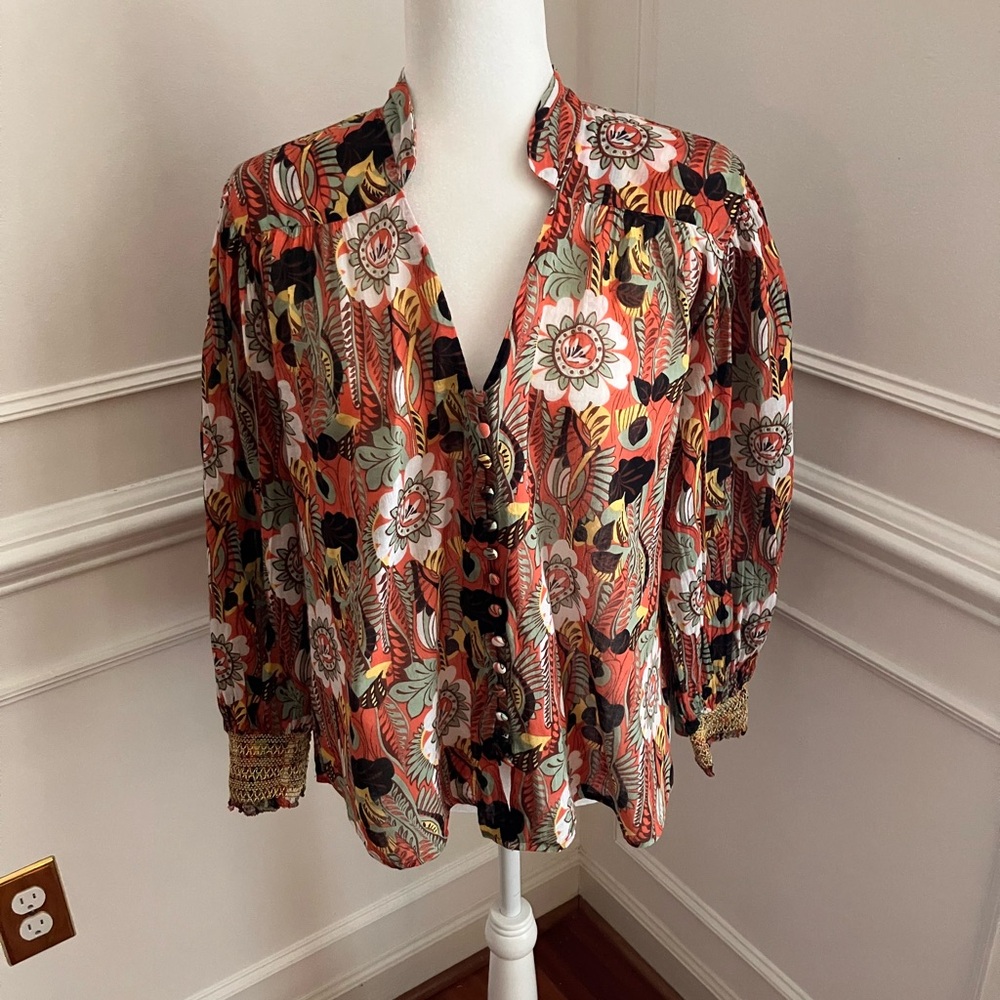 Lucky & Coco by Anthropologie Boho Multicolored Blouse Smoked Cuffs